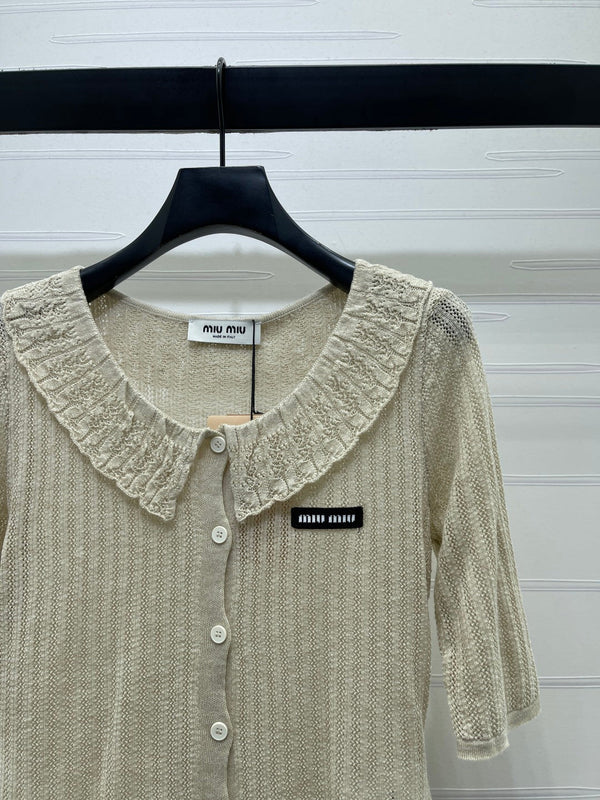 Miu Miu 26 Collared Short-sleeve Cardigan Beige in Cotton 221702