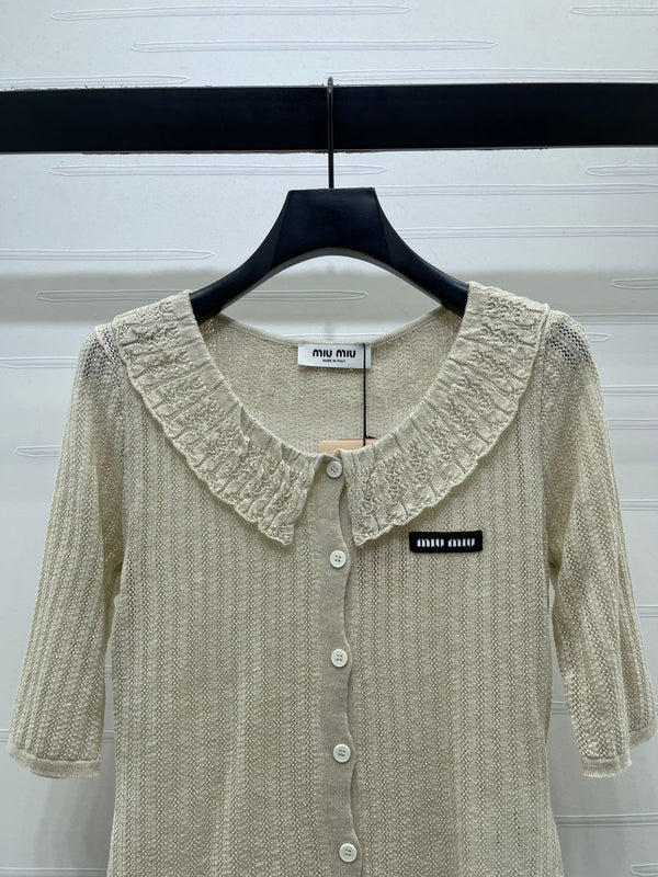 Miu Miu 26 Collared Short-sleeve Cardigan Beige in Cotton 221702