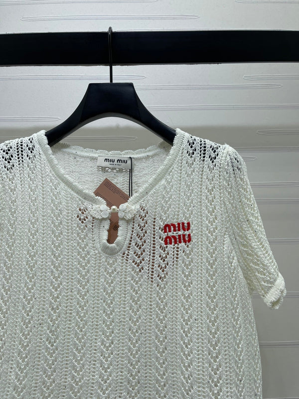 Miu Miu 26 Crew Neck Short-Sleeve Top White in Wool 221701