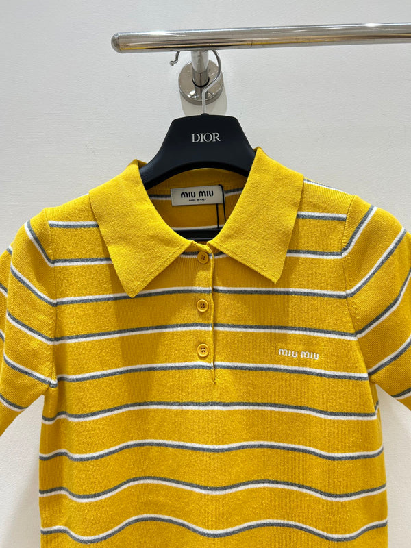 Miu Miu Yellow Striped Knit Short-Sleeve T-Shirt in Cotton 221234