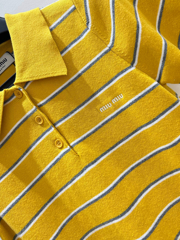 Miu Miu Yellow Striped Knit Short-Sleeve T-Shirt in Cotton 221234