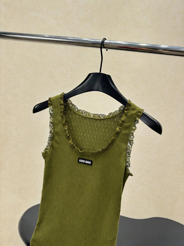 Miu Miu Green Lace-Trimmed Knit Vest Olive Green in Cotton 219026