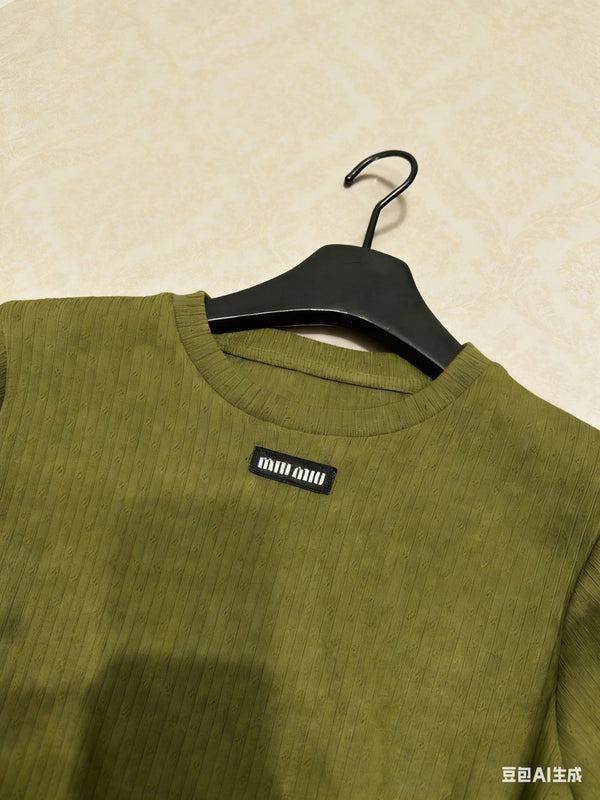 Miu Miu Short-sleeve Top Olive Green in Cotton 219023
