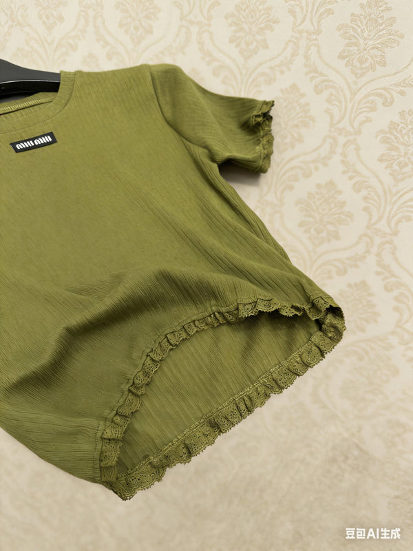 Miu Miu Short-sleeve Top Olive Green in Cotton 219023