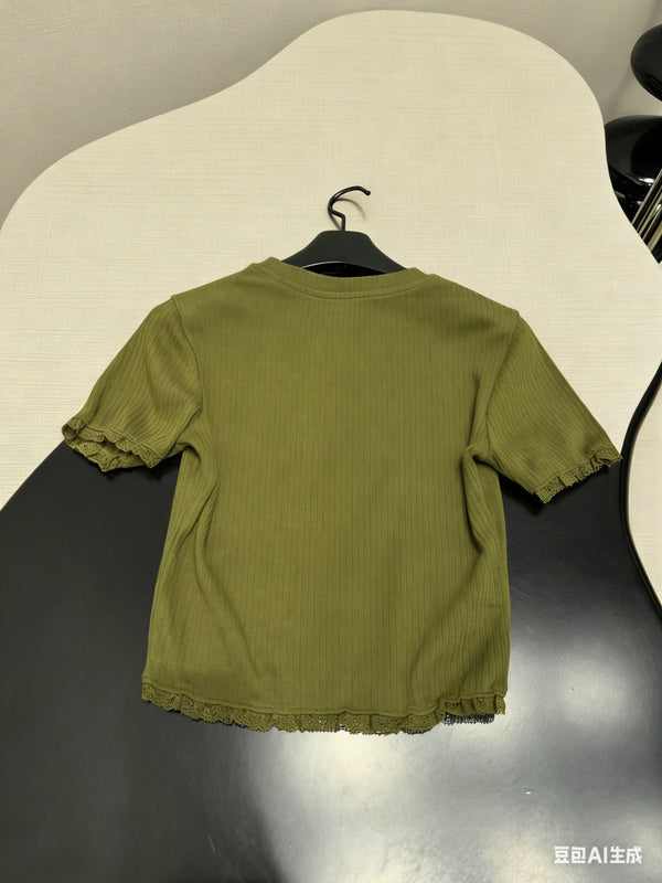 Miu Miu Short-sleeve Top Olive Green in Cotton 219023