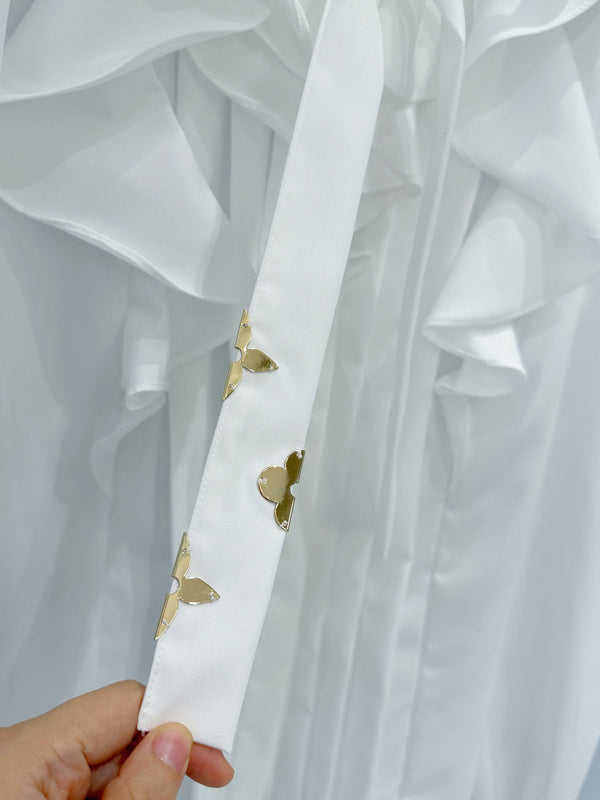 LV Ruffled Tie-Neck White Shirt White in Chiffon Fabric 221056