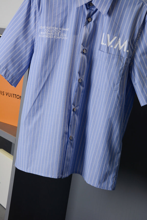 LV Striped Short-Sleeve Shirt Blue in Cotton Poplin 220323