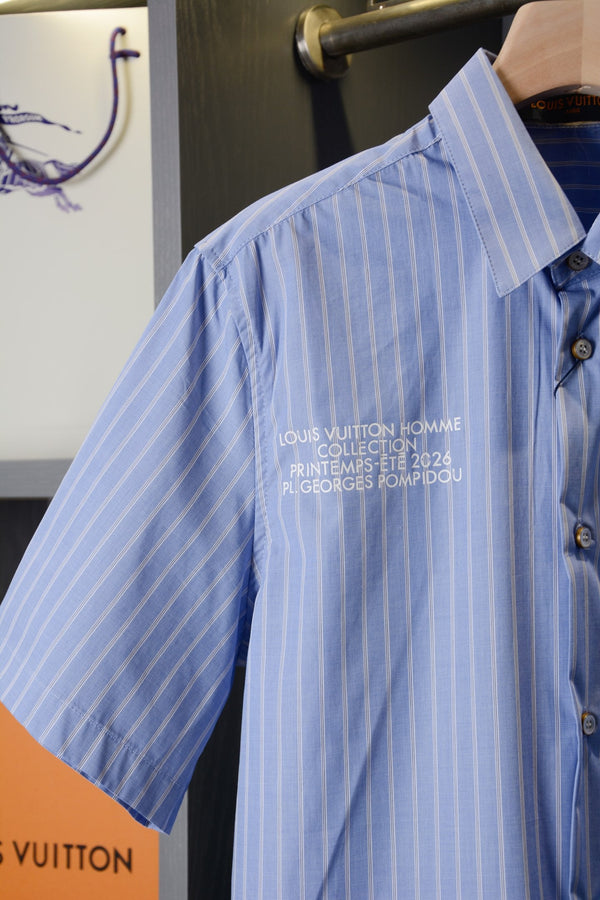 LV Striped Short-Sleeve Shirt Blue in Cotton Poplin 220323