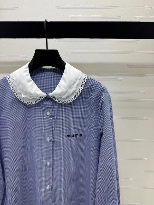 Miu Miu 26 Collar Plaid Shirt Blue in Cotton 254535