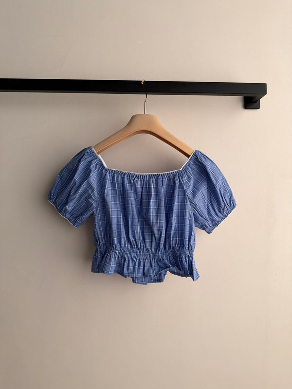 Miu Miu 26 Blue and White Checkered Off-shoulder Top in Cotton 251670