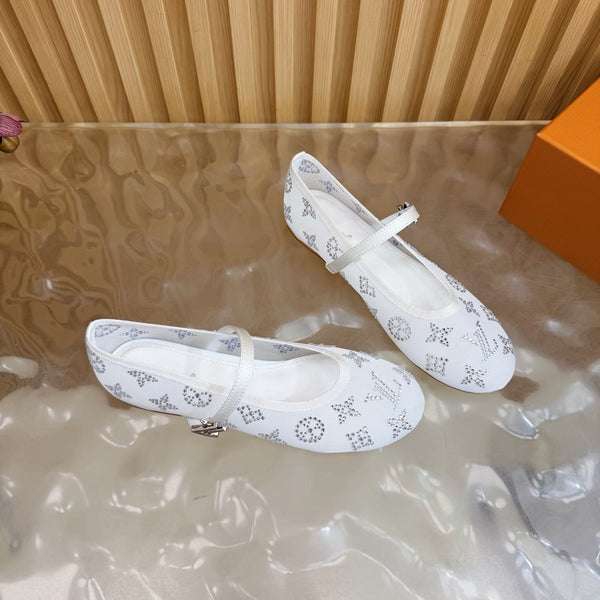 LV Romy Flat Ballerina White in Mesh with Rhinestones 703064