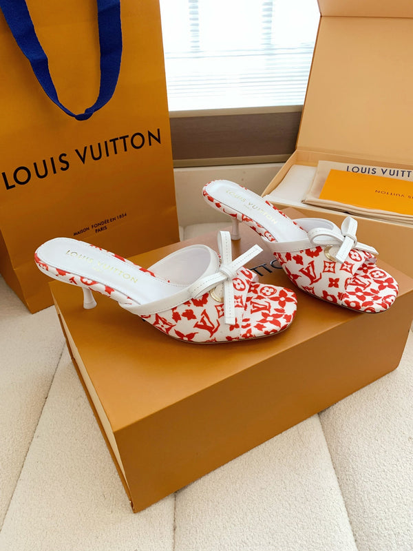 LV 26SS Single Kitten Heel Sandals 55 Red in Cowhide 703054