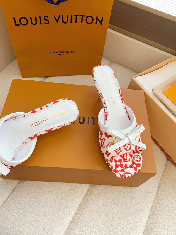 LV 26SS Single Kitten Heel Sandals 55 Red in Cowhide 703054