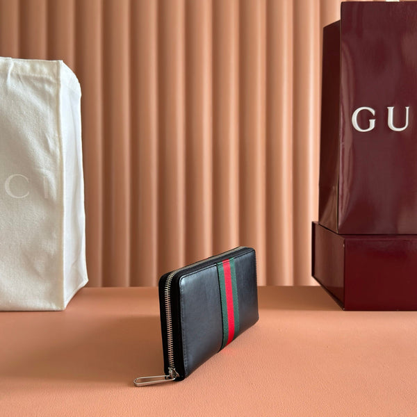Gucci Web Trademark Zip Around Wallet Black in Cowhide 284918
