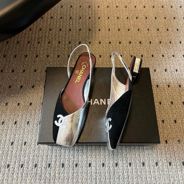 Chanel 26SS Color-Blocked Slingback Silver Black in Lambskin 708085