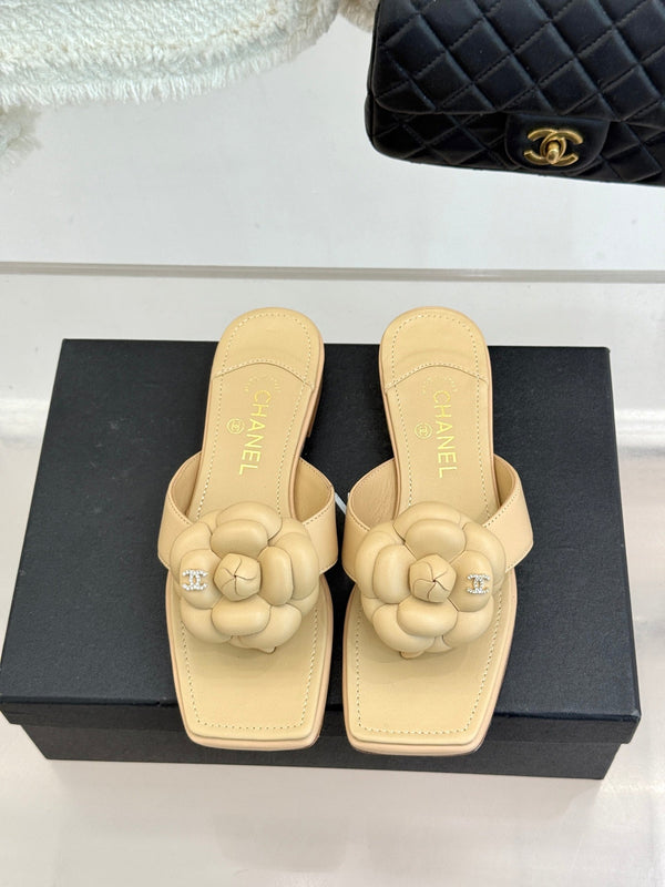 Chanel 26 Camellia Flip-Flops Beige in Cowhide 706387