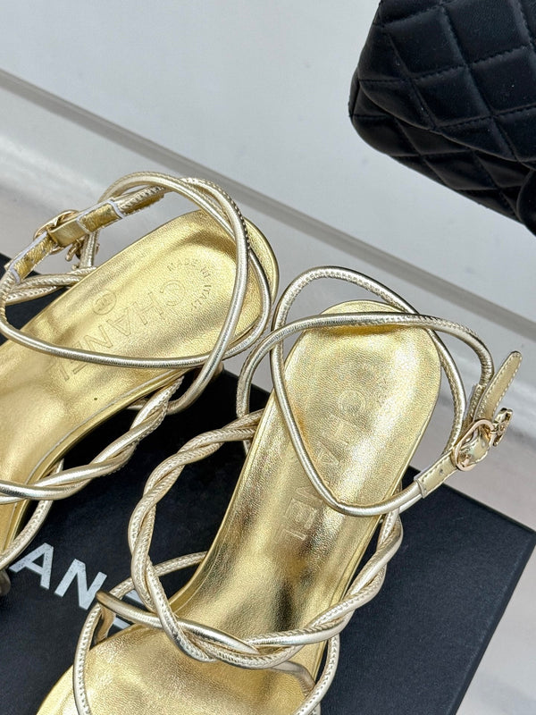 CC 26P Double C Strappy Square Toe High-Heeled 70 Sandals Gold in Cowhide 706345