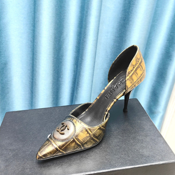 Chanel Pointed-Toe Vintage High Heels 70mm Bronze Yellow in Calfskin 712469