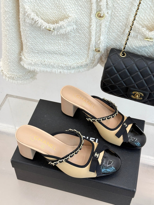 Chanel Double C Bow Chain Slingback Beige Black in Cowhide 717778