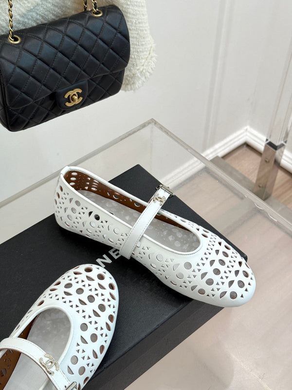 Chanel 26 Classic Double C Perforated Mary Jane Flats White in Cowhide 717777