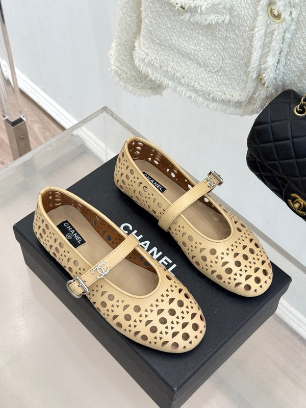 Chanel 26 Classic Double C Perforated Mary Jane Flats Beige in Cowhide 717775