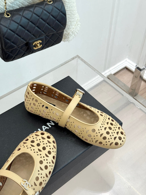 Chanel 26 Classic Double C Perforated Mary Jane Flats Beige in Cowhide 717775