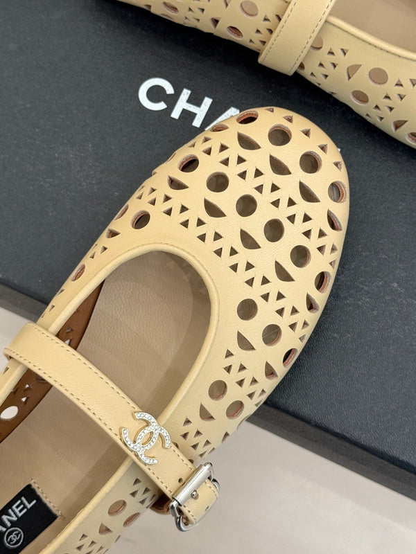 Chanel 26 Classic Double C Perforated Mary Jane Flats Beige in Cowhide 717775