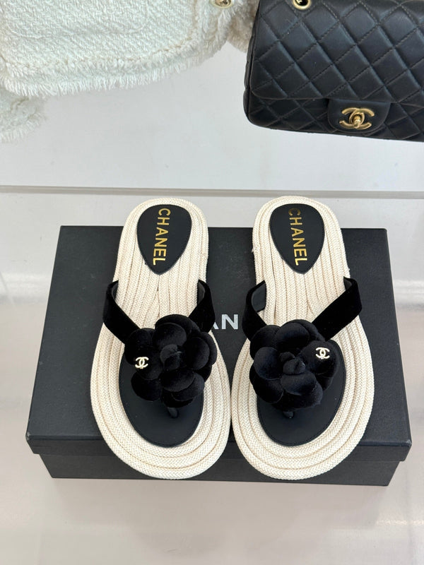 Chanel 26C Camellia Rope-Soled Flip-Flops Black in Velvet 717718
