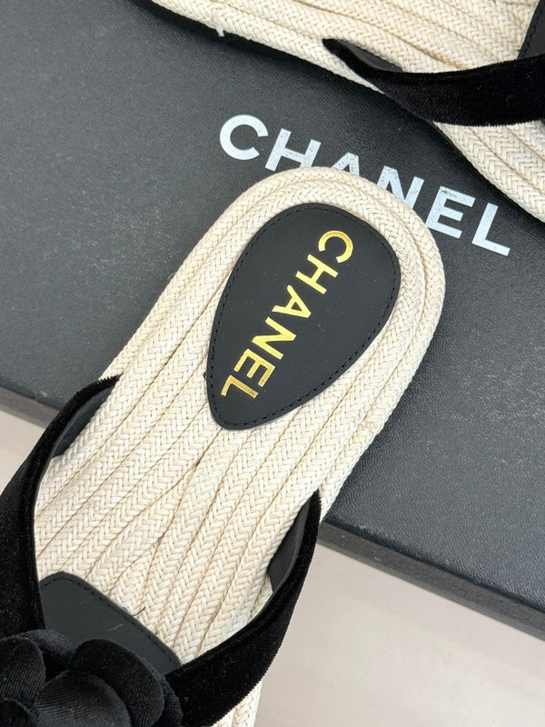 Chanel 26C Camellia Rope-Soled Flip-Flops Black in Velvet 717718