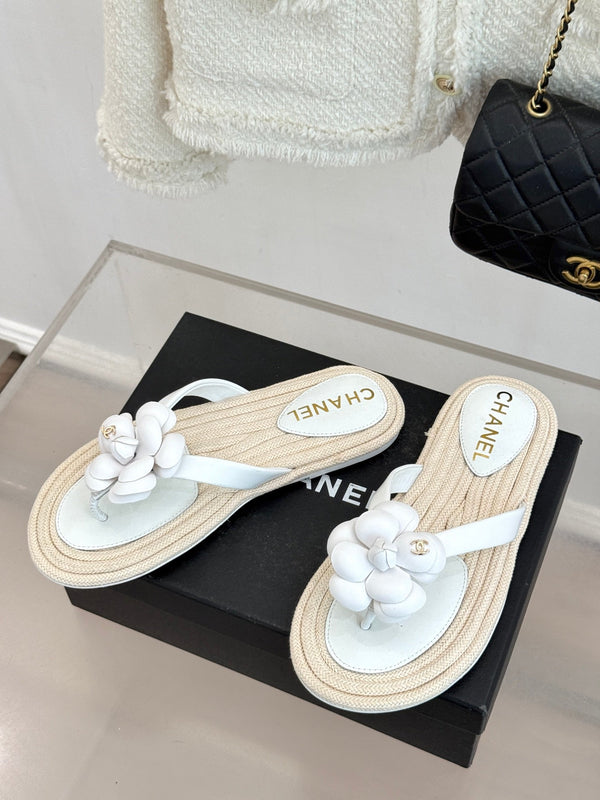 Chanel 26C Camellia Rope-Soled Flip-Flops White in Sheepskin 717717