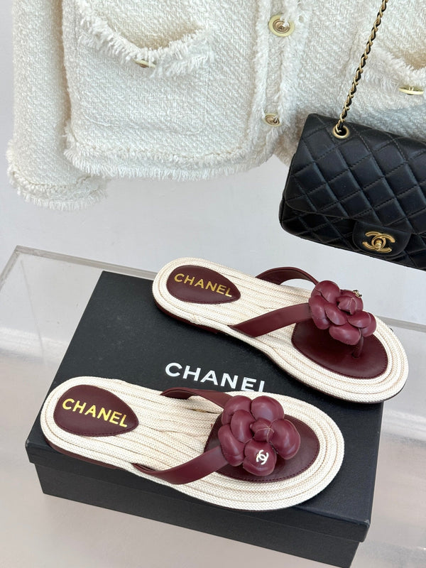 Chanel 26C Camellia Rope-Soled Flip-Flops Burgundy in Sheepskin 717716
