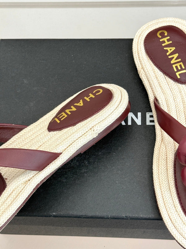 Chanel 26C Camellia Rope-Soled Flip-Flops Burgundy in Sheepskin 717716
