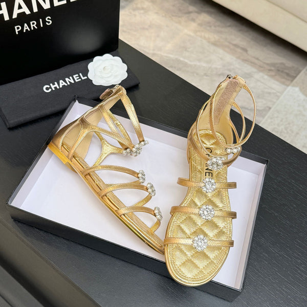 Chanel Camellia Pearl Chunky Heel Sandals Gold In Cowhide Leather 717699