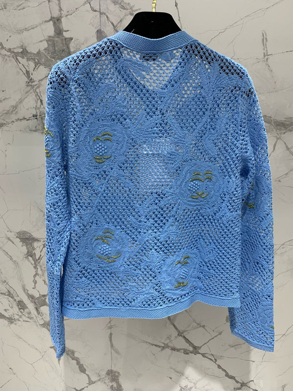 Chanel Embroidered Hollow-Out Cardigan Blue in Cotton 298307