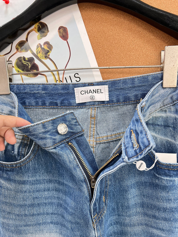 Chanel 26 Double C Logo Straight Leg Pants Blue in Cotton 298254
