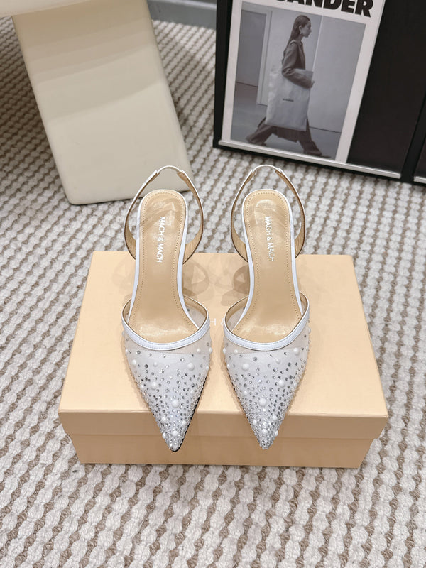 Mach & Mach 26 Pointed Toe High Heels 85 Crystal White in Sheepskin 722818