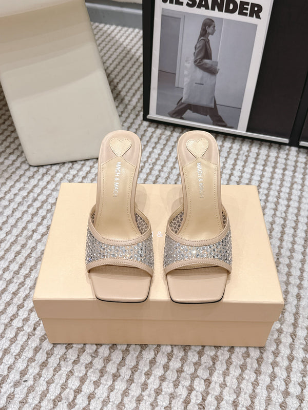 Mach & Mach Embellished Mules 95 Nude Beige in Leather Diamonds 722810
