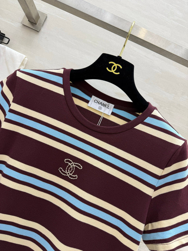 Chanel Striped T-shirt Dress Burgundy in Pure Cotton 375546