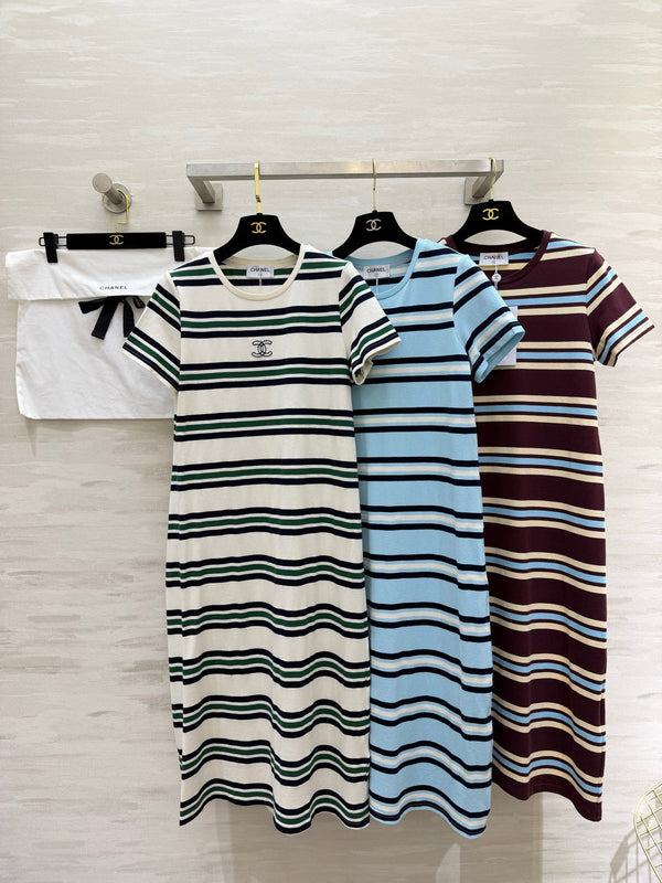 Chanel Striped T-shirt Dress Burgundy in Pure Cotton 375546