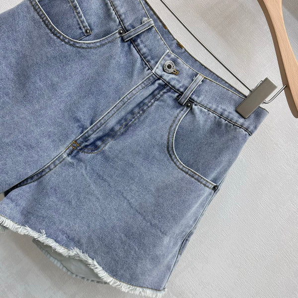 Loewe 26 Embroidered Frayed Edge Shorts Blue in YB Twill Cotton Denim 375346