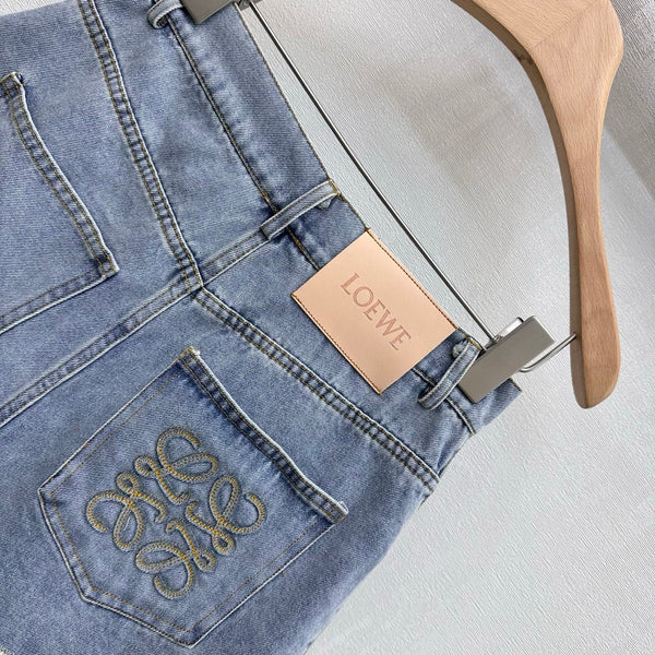 Loewe 26 Embroidered Frayed Edge Shorts Blue in YB Twill Cotton Denim 375346