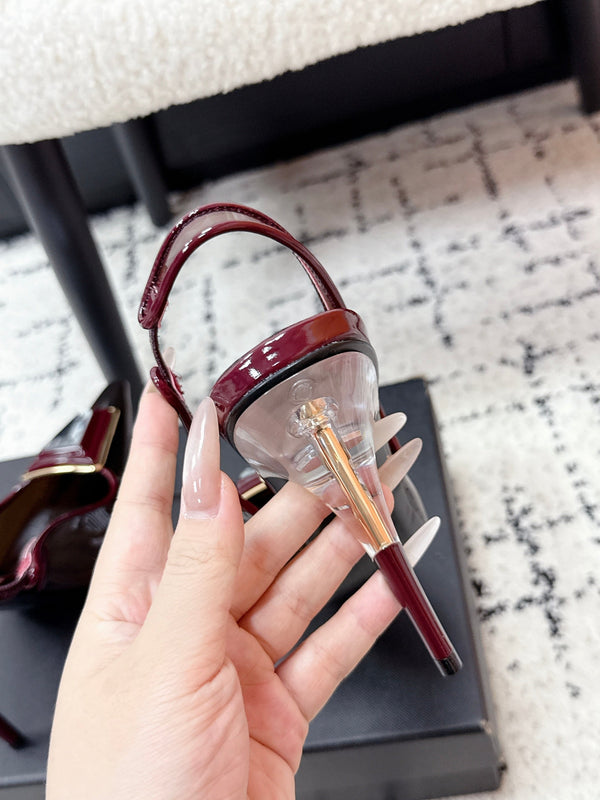 YSL Slingback High-Heeled 10.5 Burgundy in PVC Film 743652