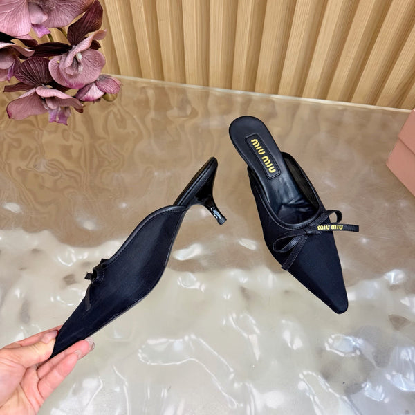 Miu Mules Pointed-Toe High Heels 55 Black in Mesh 749066