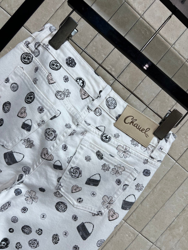 CC 26 Printed Flared Trousers White in Cotton 380161