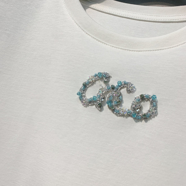 CC 26 White Rhinestone Embellished Crew Neck Short-Sleeve T-Shirt in Cotton 381113