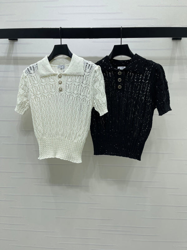 CC 26 Openwork Knit Short-Sleeve Top White in Wool Knitwear 380814