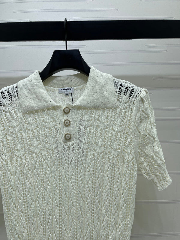 CC 26 Openwork Knit Short-Sleeve Top White in Wool Knitwear 380814