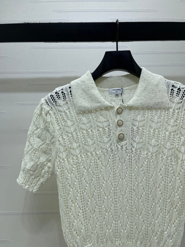 CC 26 Openwork Knit Short-Sleeve Top White in Wool Knitwear 380814