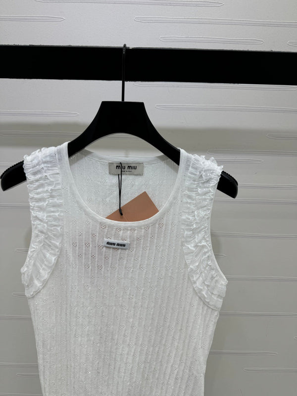 Miu 26 Lace-Neck Knit Vest White in Tencel 382104