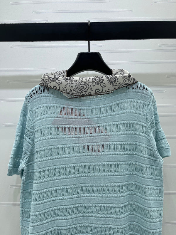 Miu 26 Crew Neck Knit Short-Sleeve T-Shirt with Scarf Design Blue in Wool